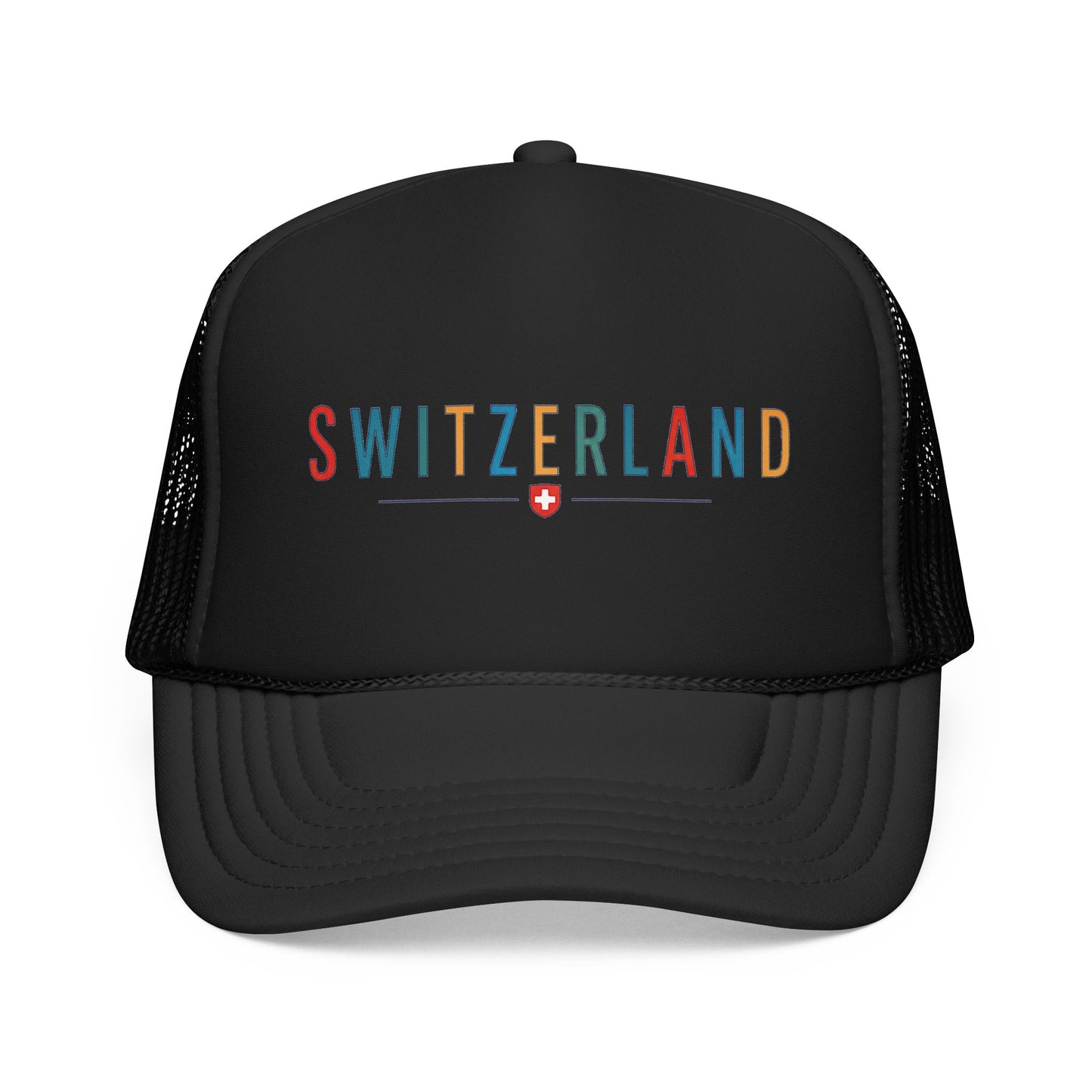 Foam trucker cap with Switzerland logo, black front and black mesh side panels