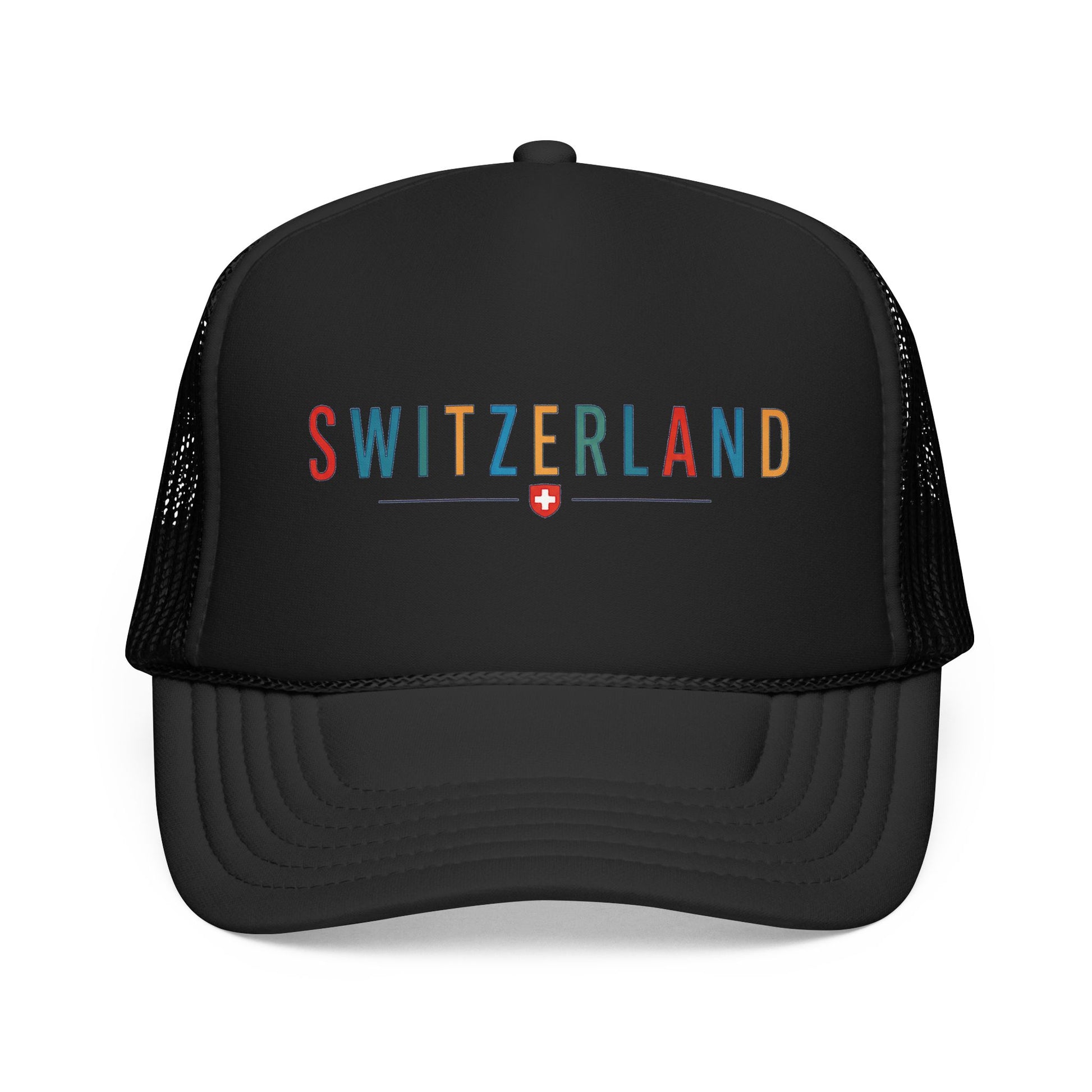 Foam trucker cap with Switzerland logo, black front and black mesh side panels