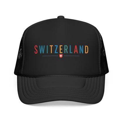 Foam trucker cap with Switzerland logo, black front and black mesh side panels