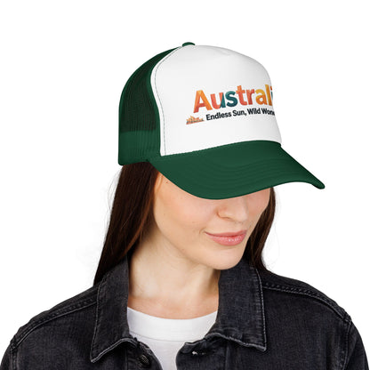 Australia vintage travel trucker cap on model, white front with dark green mesh and brim