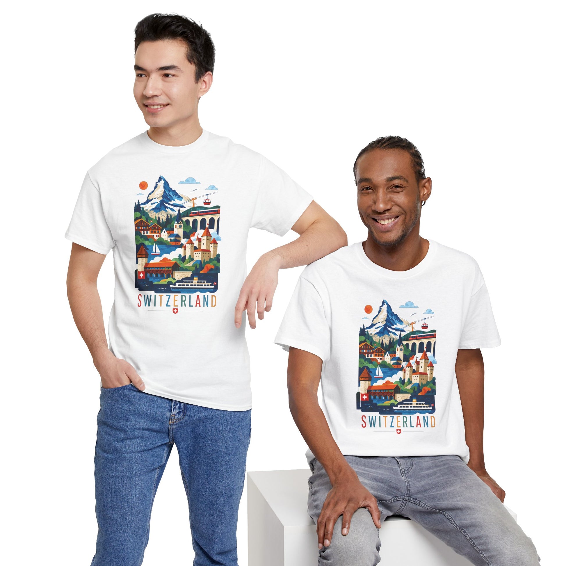 White crew-neck T-shirt with colorful Switzerland village graphic, worn by two men