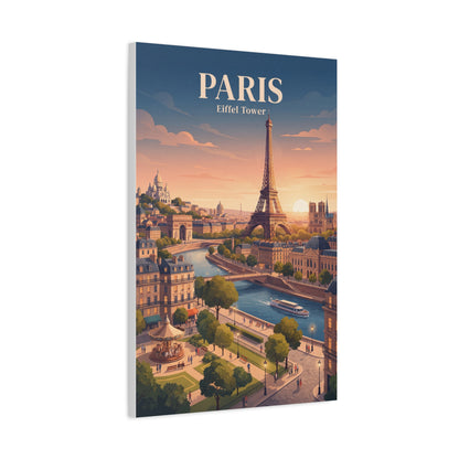Matte canvas wall art with Eiffel Tower over river and 'PARIS' title at the top.