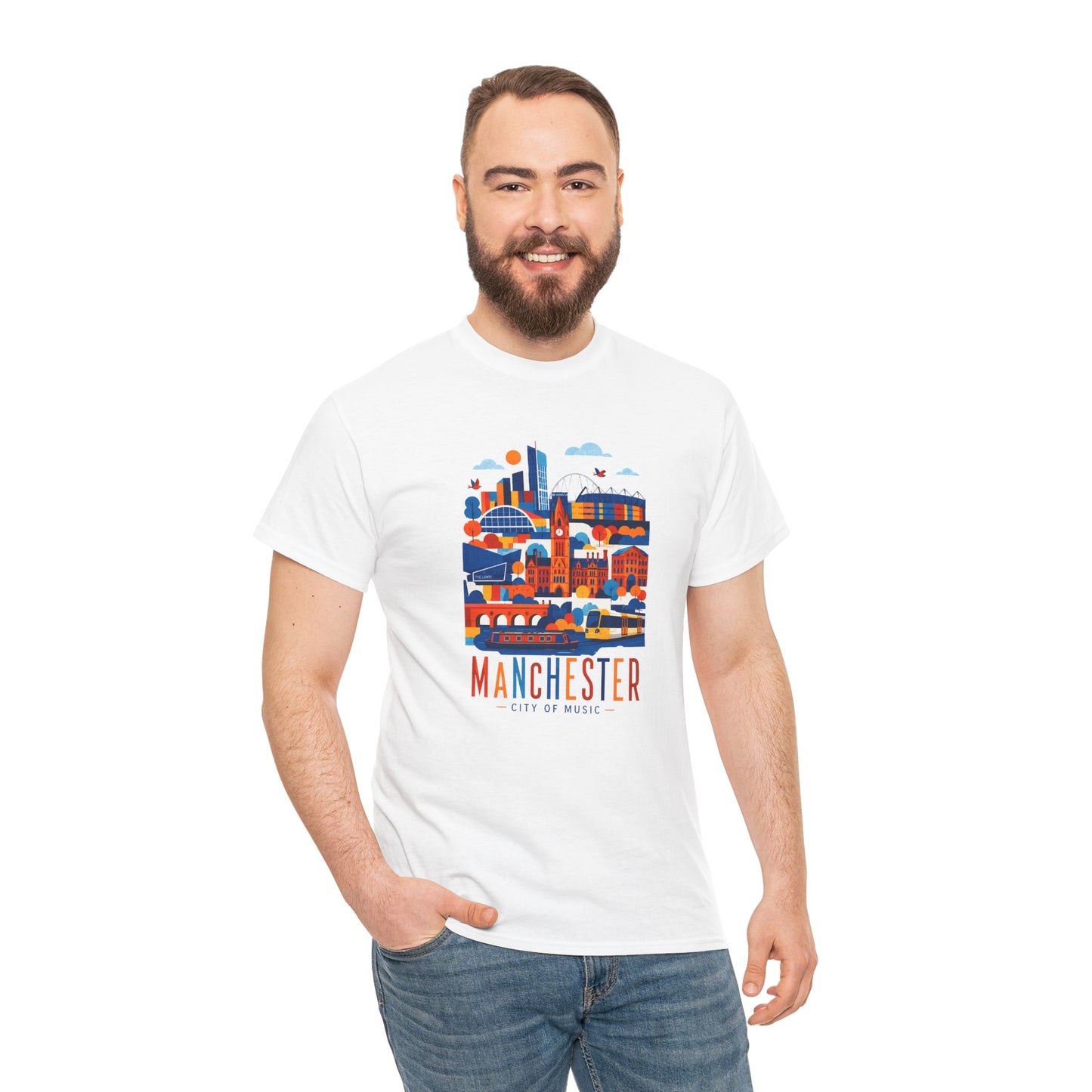 Manchester Skyline T-shirt, white crew neck with Manchester skyline graphic, standing front