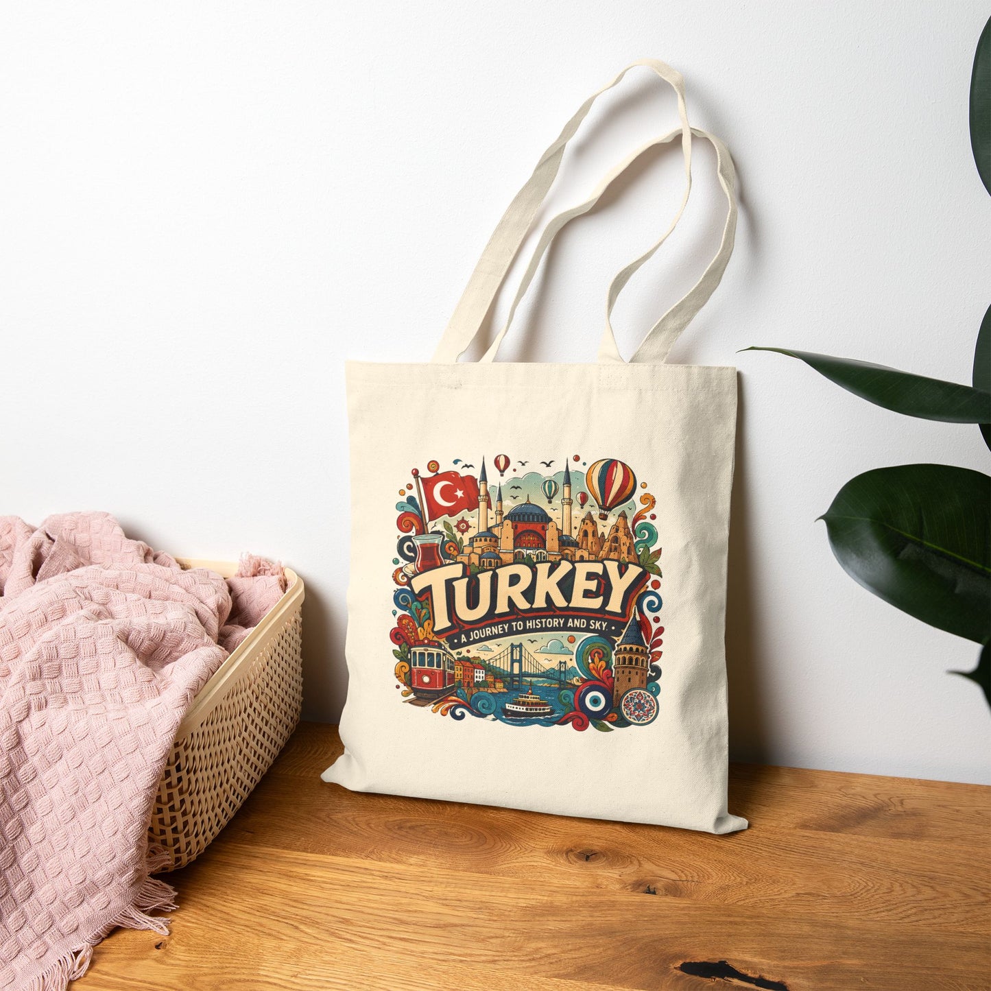 Natural canvas tote bag with colorful Turkey cityscape graphic and carry handles