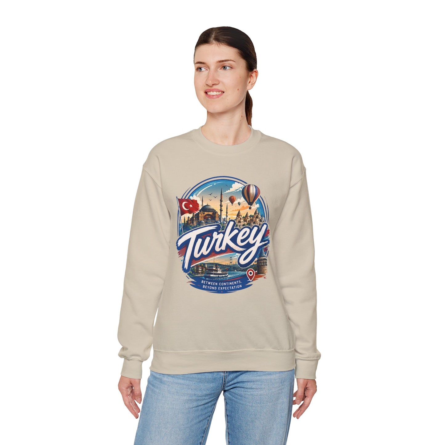 Light beige crewneck sweatshirt with Turkey graphic on front, ribbed cuffs and hem.