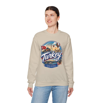 Light beige crewneck sweatshirt with Turkey graphic on front, ribbed cuffs and hem.