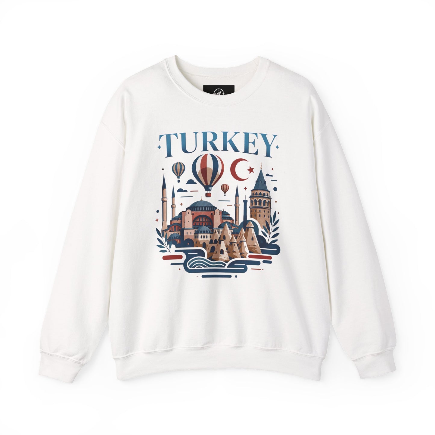White crewneck sweatshirt with Turkey skyline graphic and lettering on the front