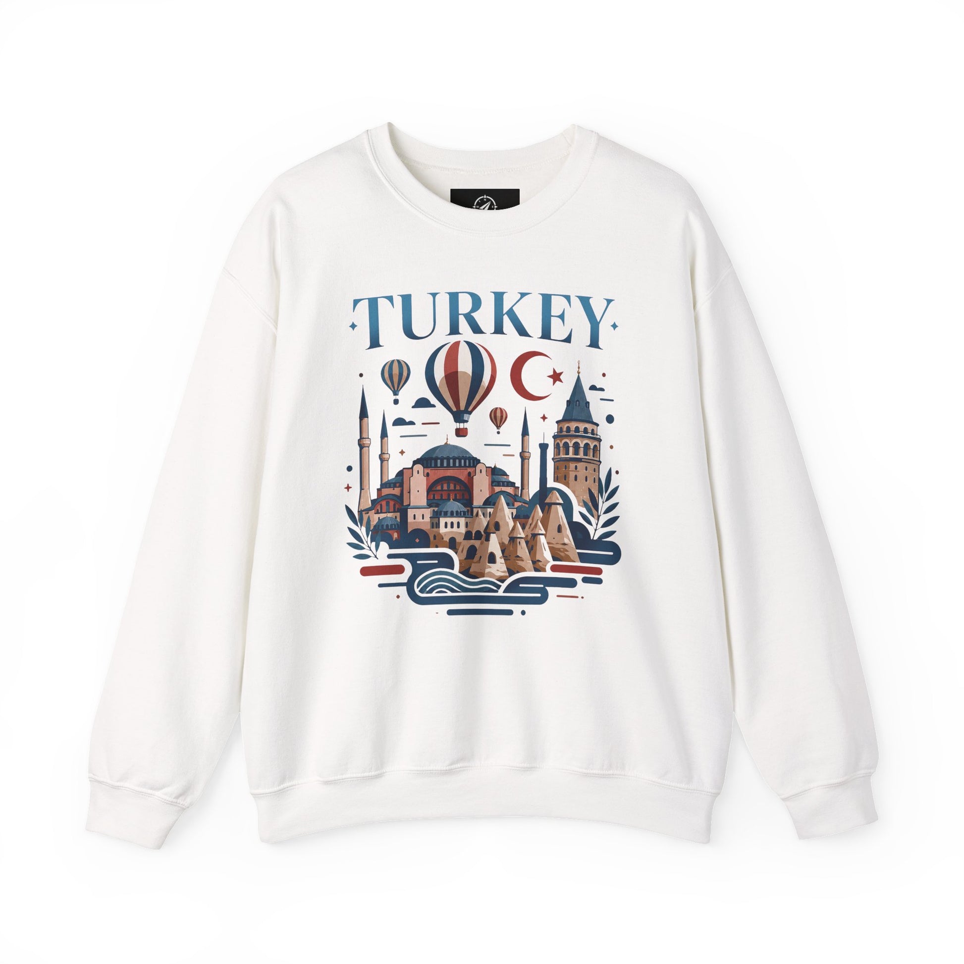 White crewneck sweatshirt with Turkey skyline graphic and lettering on the front