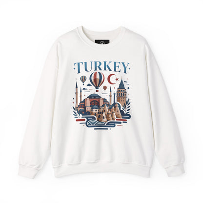 White crewneck sweatshirt with Turkey skyline graphic and lettering on the front