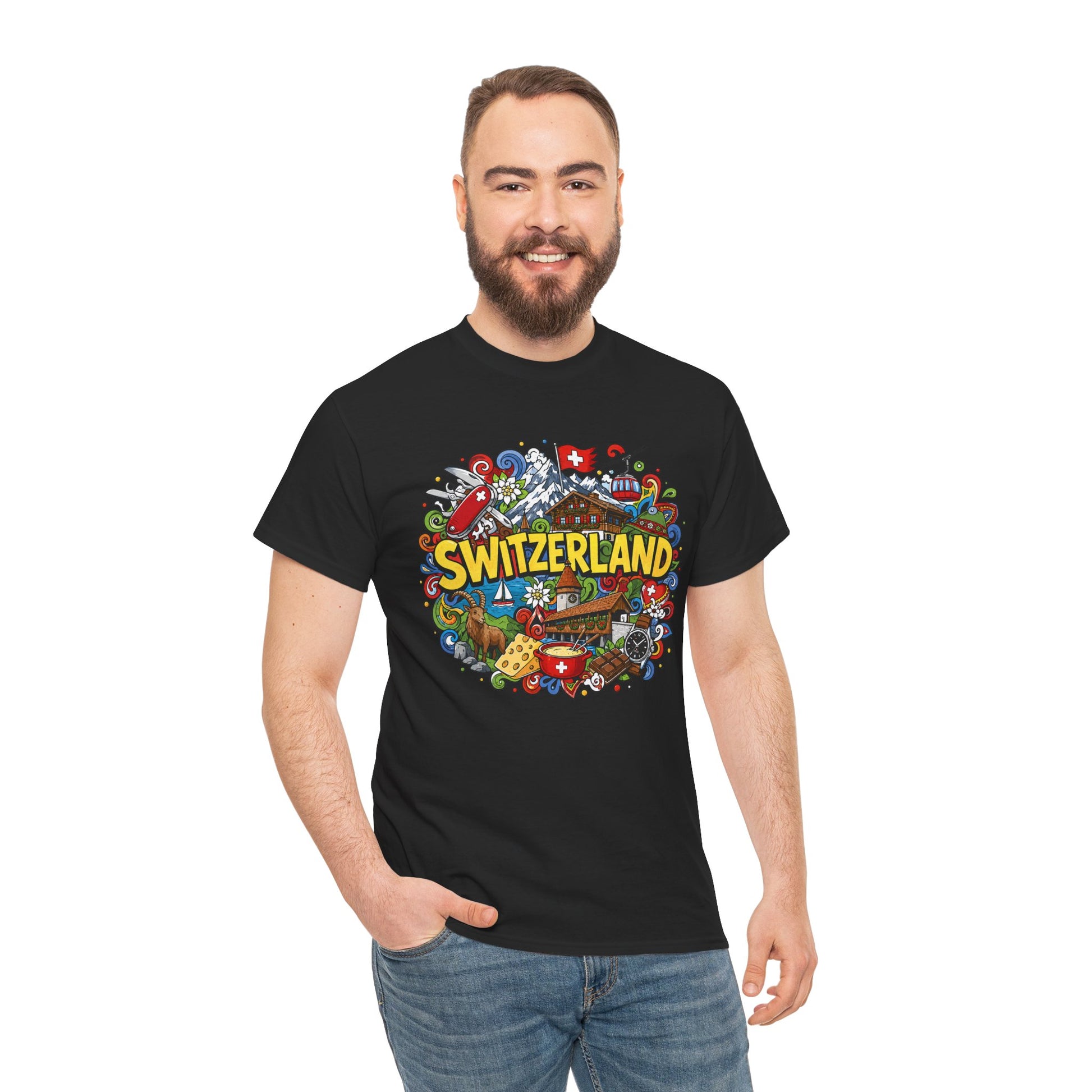 Black crew-neck T-shirt with colorful Switzerland graphic on the front