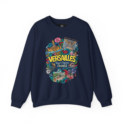 Navy crewneck sweatshirt with colorful Versailles-themed graphic on the front