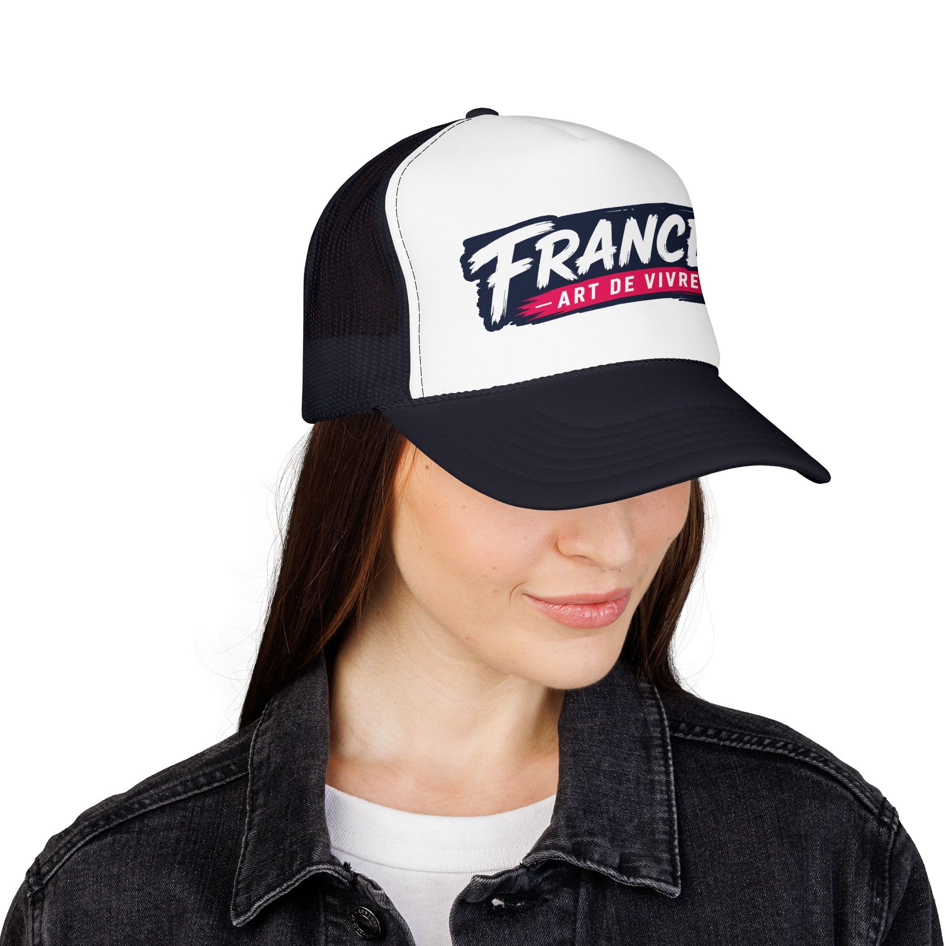 Two-tone trucker cap on model: white front, black mesh, “FRANCE Art de Vivre” print