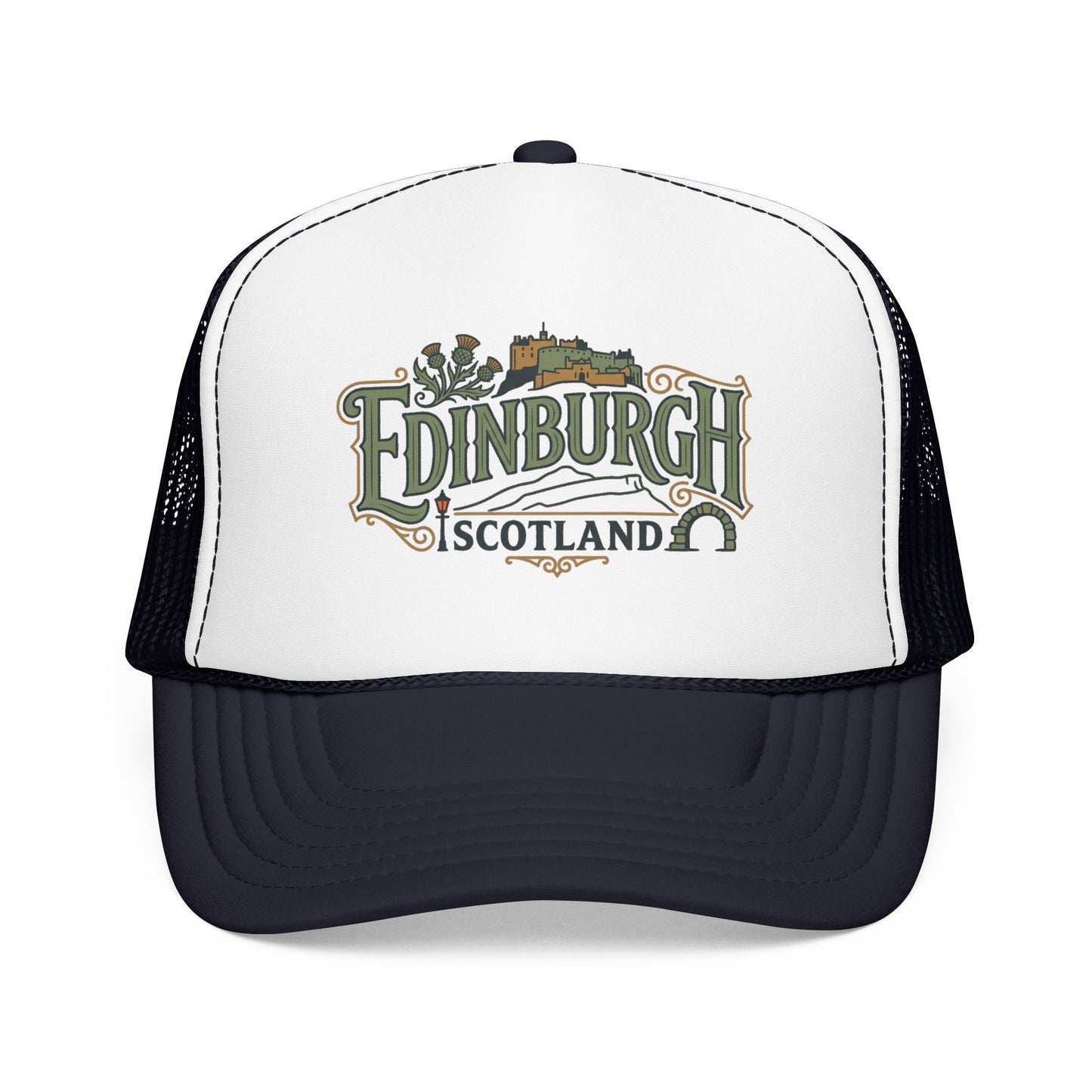 White and navy trucker hat with mesh back and Edinburgh Scotland logo front.
