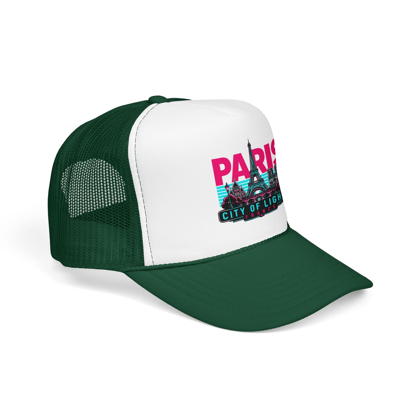 Trucker hat with white front panel, dark green mesh sides, and Paris graphic on crown