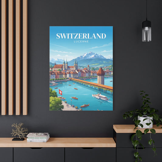 Matte canvas wall art showing Switzerland Lucerne lettering over lakeside city with boats