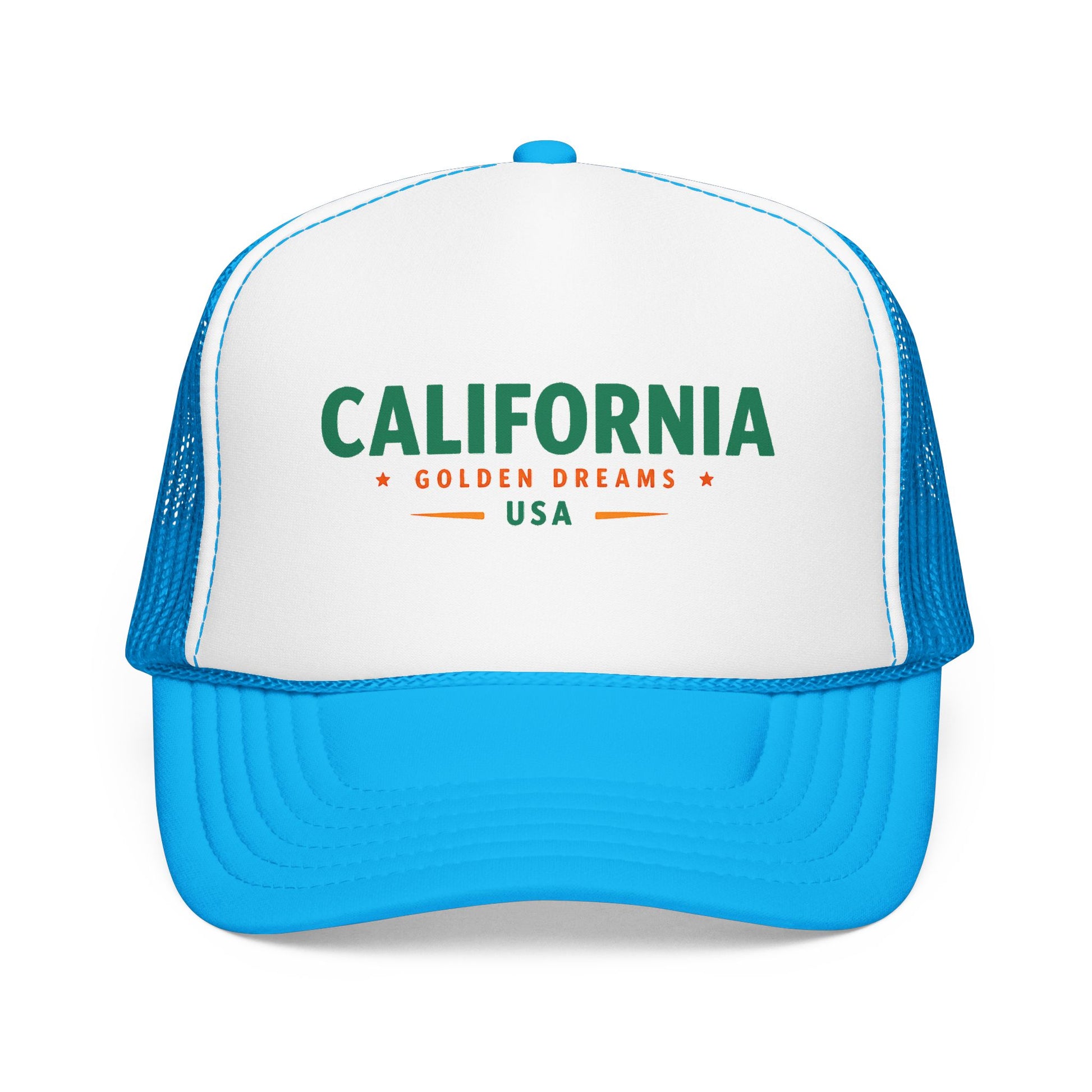 Two-tone trucker hat with white front, blue mesh sides, and green “California” logo