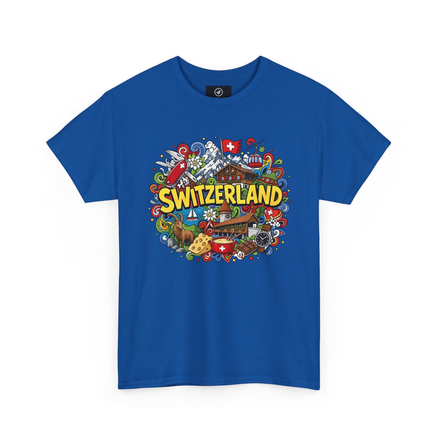 Men's travel T-shirt in royal blue with colorful Swiss-themed "SWITZERLAND" graphic