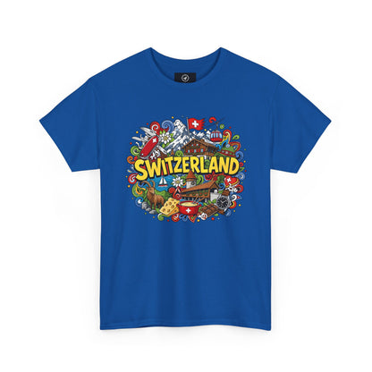 Men's travel T-shirt in royal blue with colorful Swiss-themed "SWITZERLAND" graphic