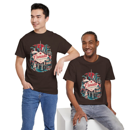 Dark brown crewneck T-shirt with colorful “Canada” skyline graphic on the chest