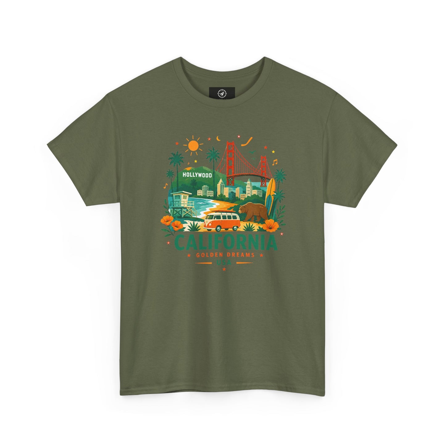 Olive green short-sleeve crewneck T-shirt with colorful California graphic print