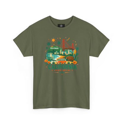 Olive green short-sleeve crewneck T-shirt with colorful California graphic print