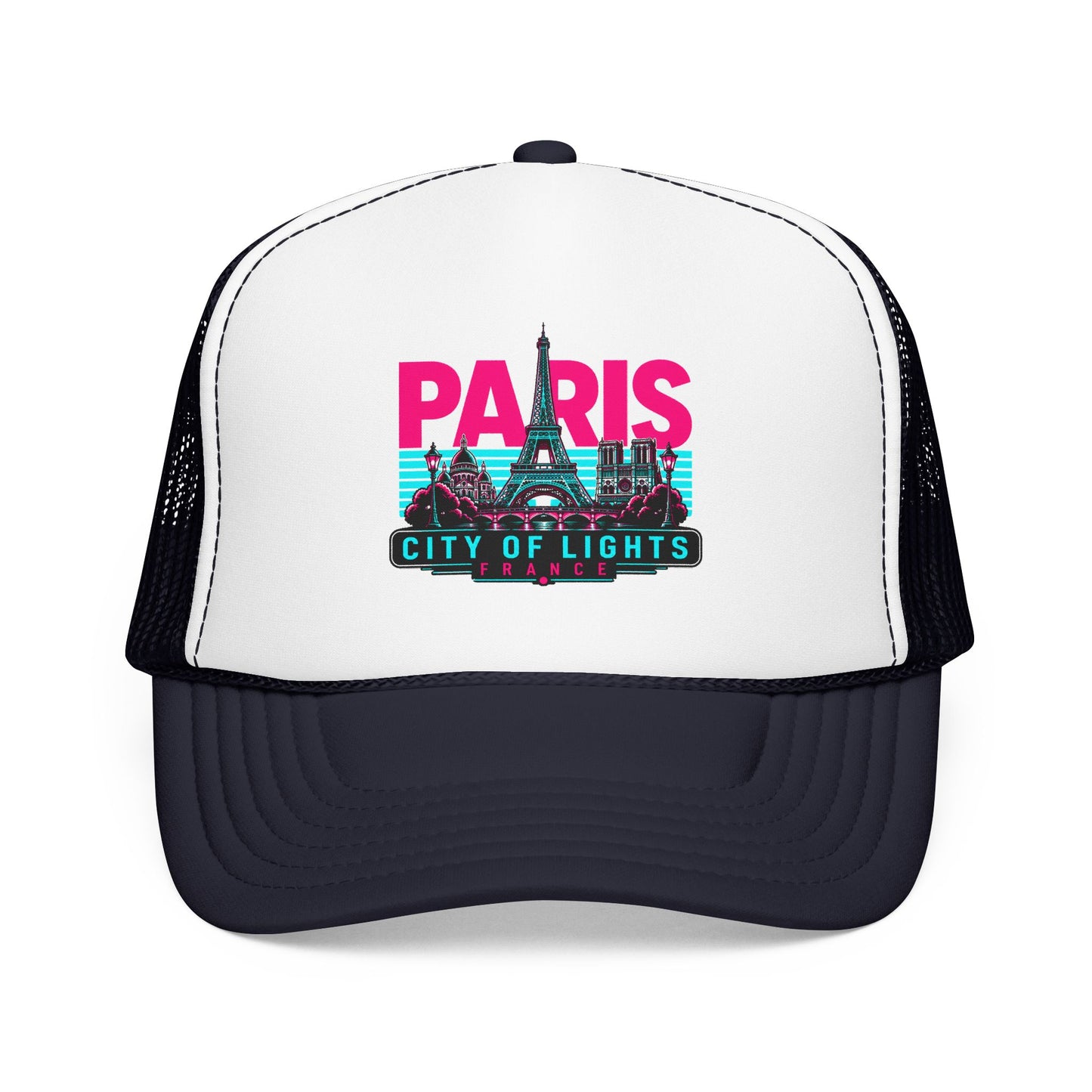 White and navy mesh trucker hat with “PARIS City of Lights” front graphic patch.