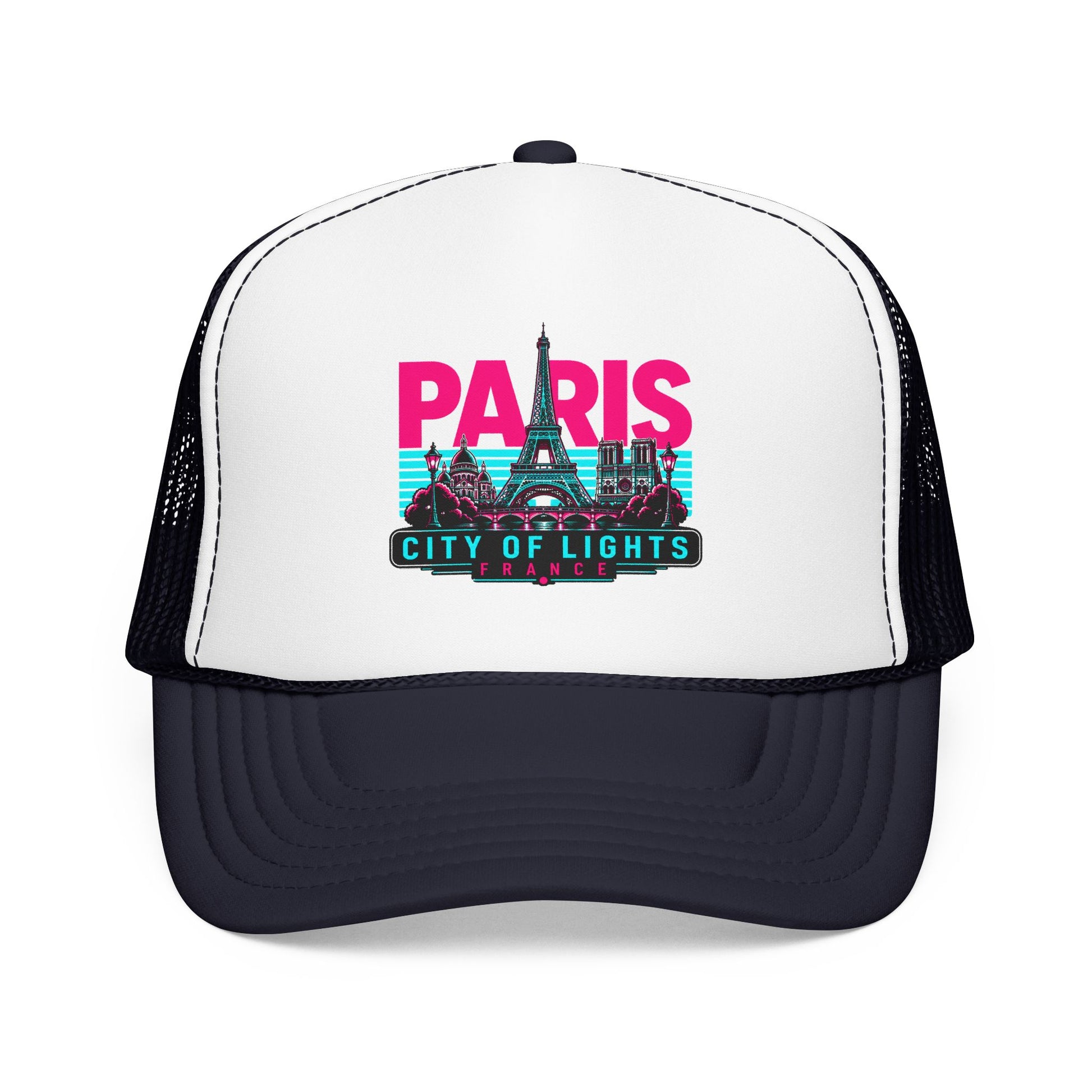 White and navy mesh trucker hat with “PARIS City of Lights” front graphic patch.