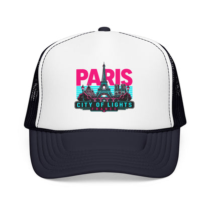 White and navy mesh trucker hat with “PARIS City of Lights” front graphic patch.