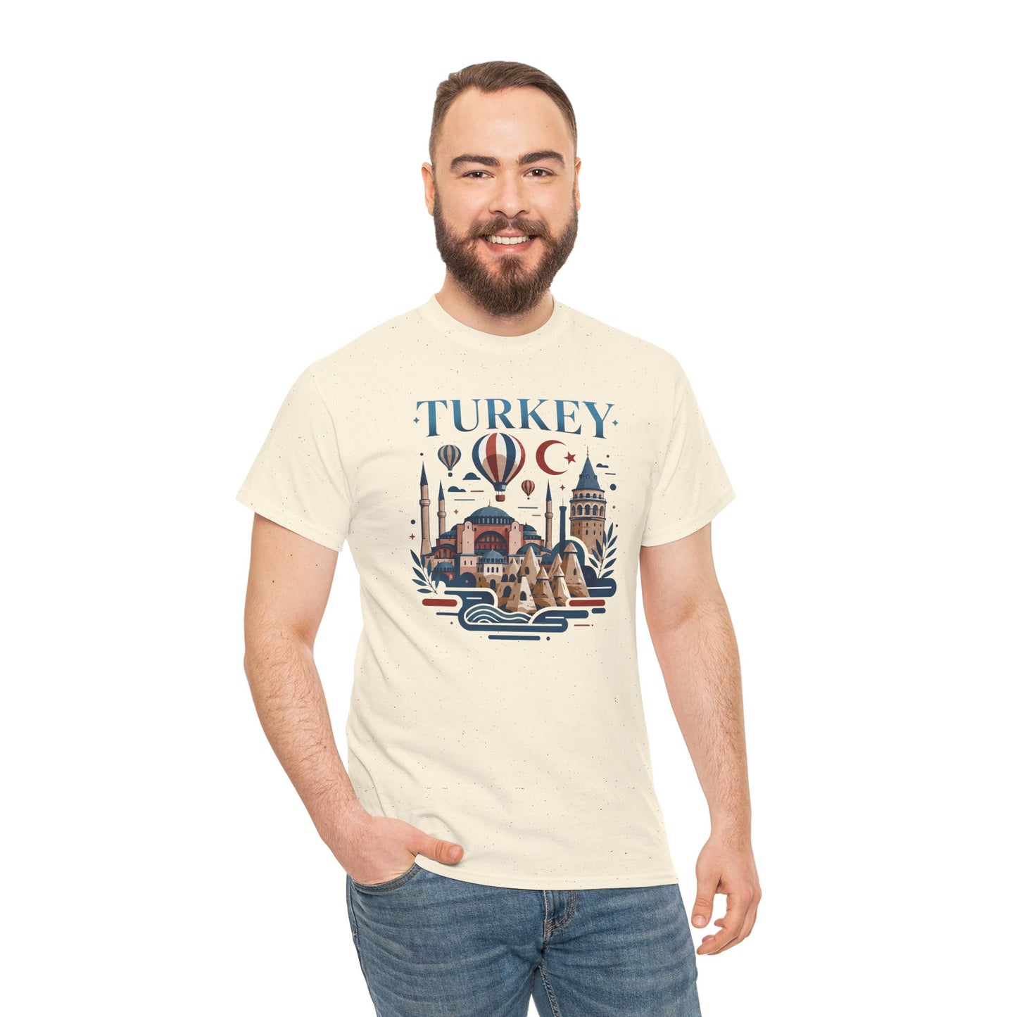 Natural crew-neck T-shirt with Turkey hot air balloon skyline graphic on model