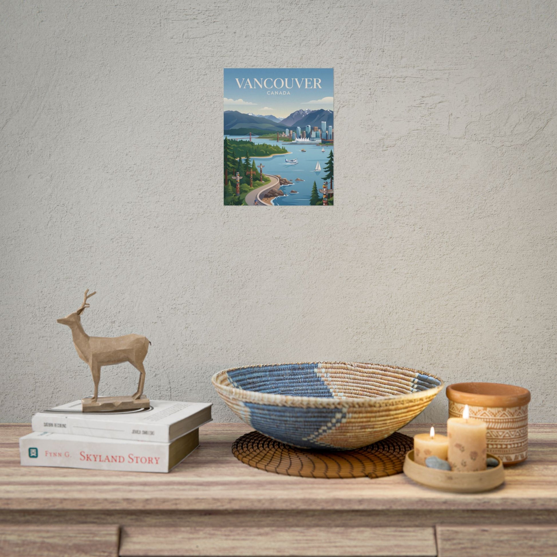 Vancouver Canada poster on wall with mountains, river curve, skyline, and boats