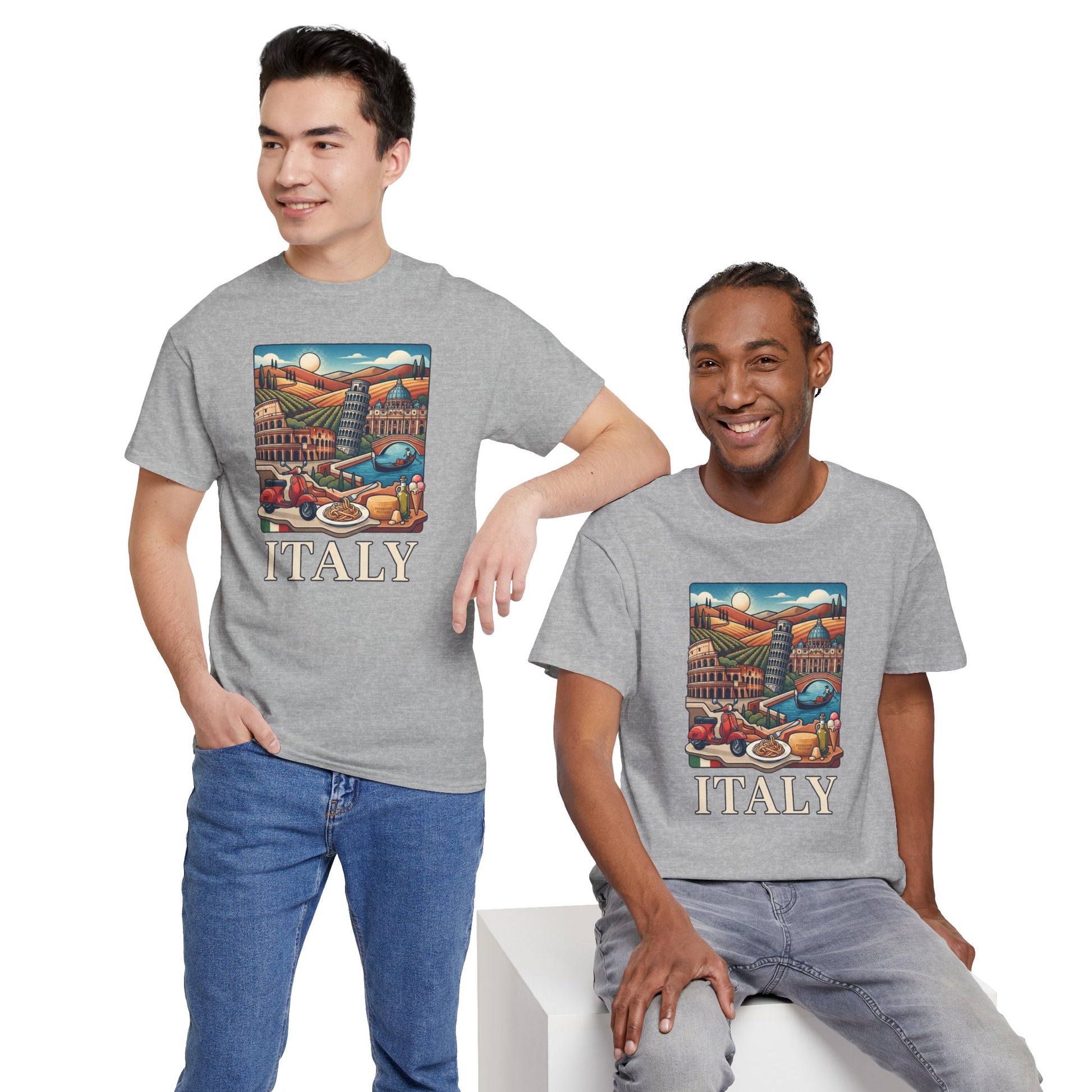 Light gray crew-neck t-shirt with Italy scene graphic and “ITALY” text on front