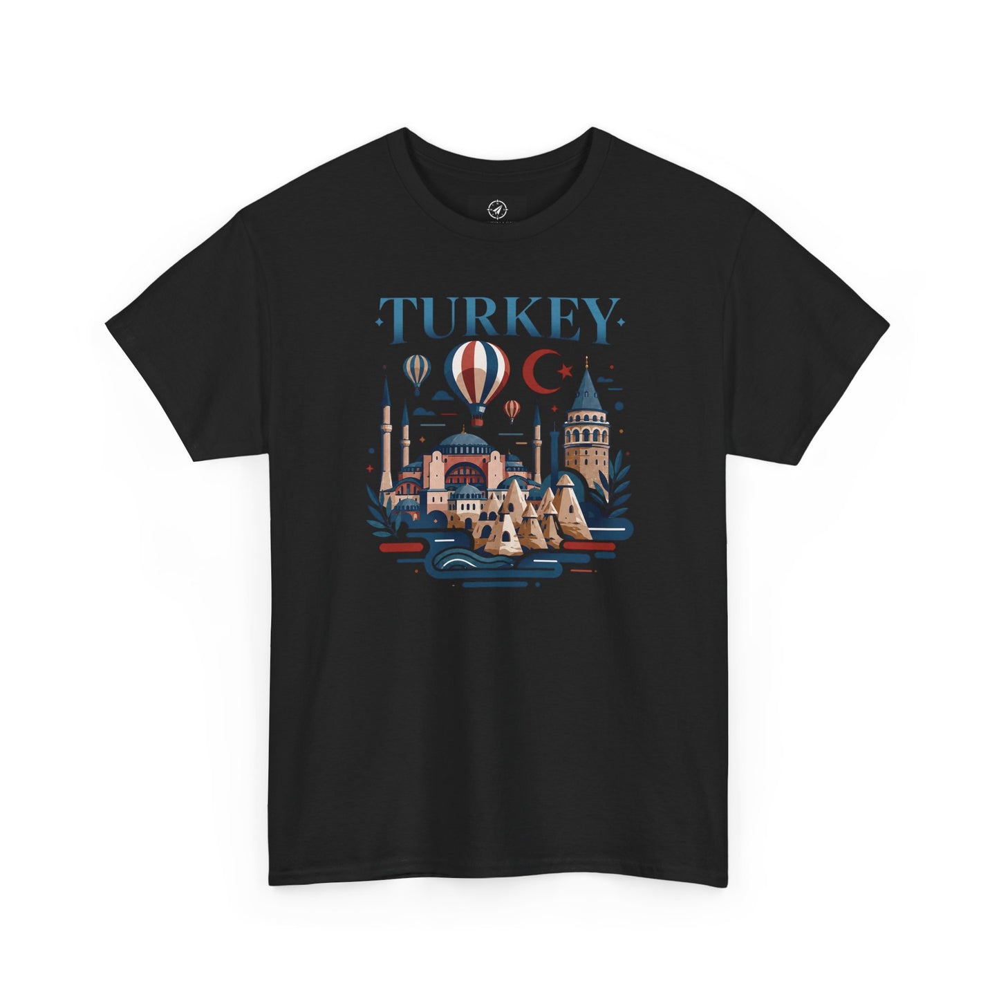 Black T-shirt with blue Turkey-themed skyline, hot air balloon, and crescent moon graphic
