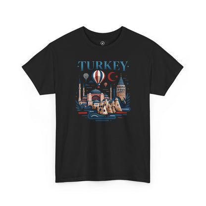 Black T-shirt with blue Turkey-themed skyline, hot air balloon, and crescent moon graphic