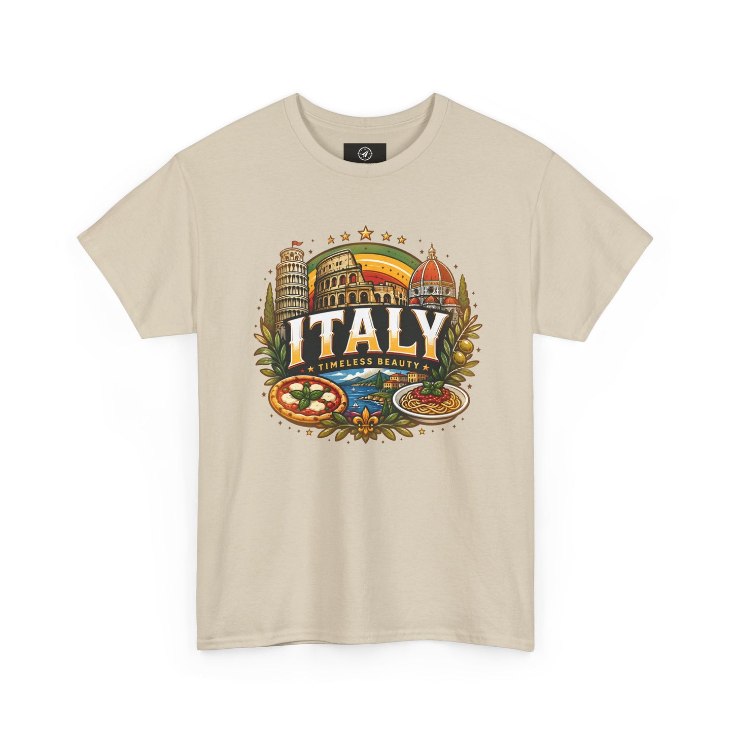 Beige short-sleeve t-shirt with colorful Italy landmark front graphic