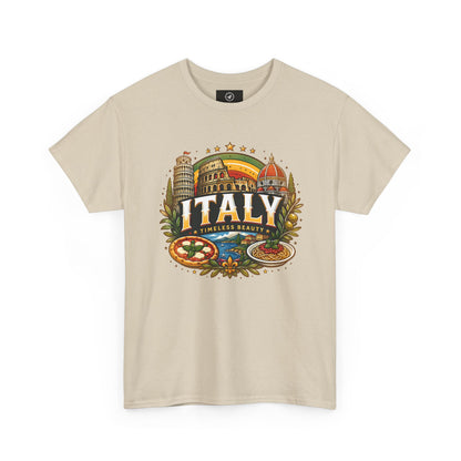 Beige short-sleeve t-shirt with colorful Italy landmark front graphic