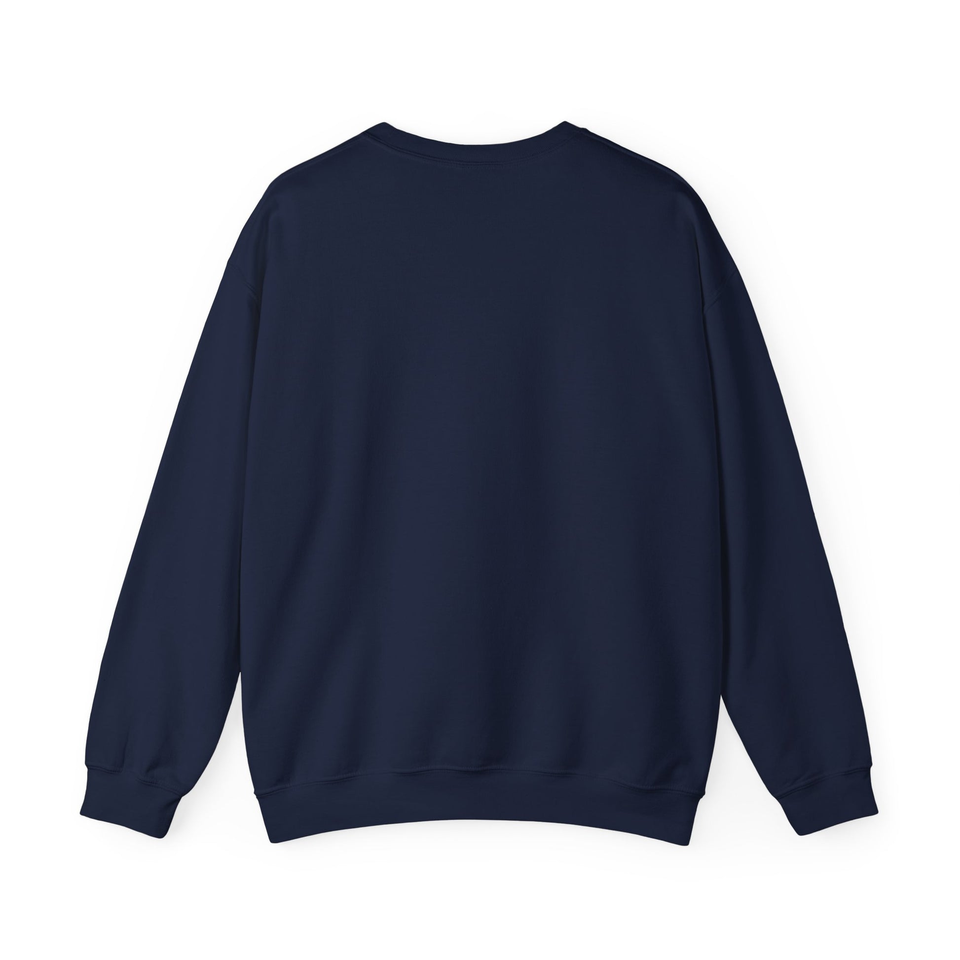 Navy crewneck sweatshirt back view, plain with ribbed cuffs and hem