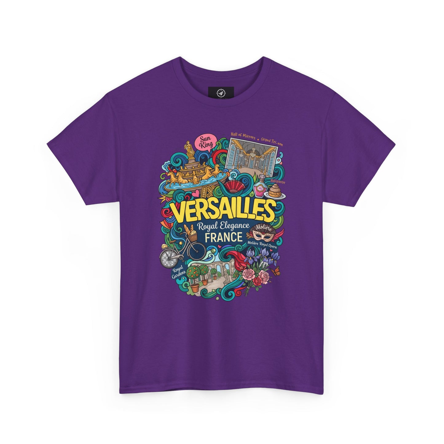 Purple crew-neck short-sleeve T-shirt with colorful Versailles France graphic.