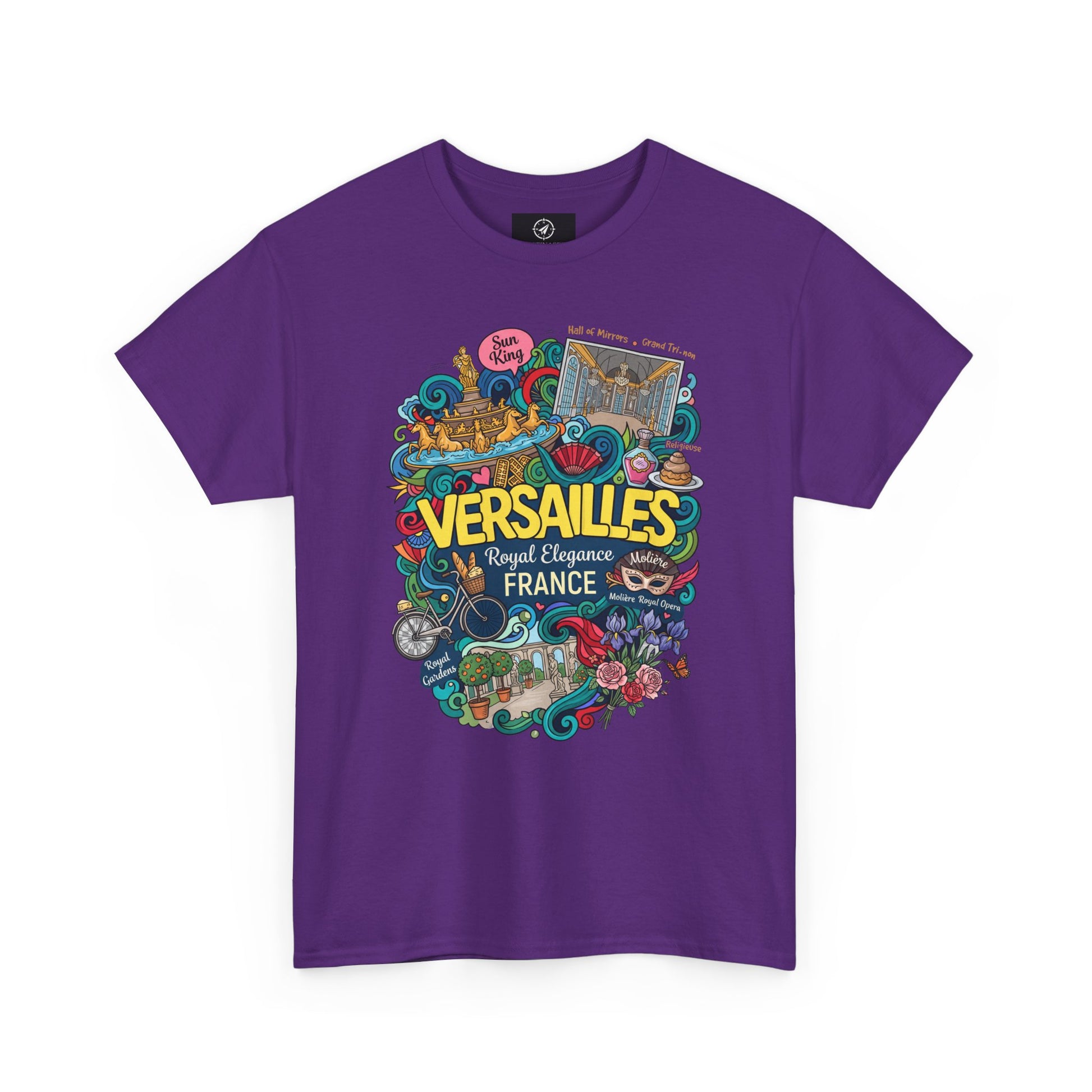 Purple crew-neck short-sleeve T-shirt with colorful Versailles France graphic.