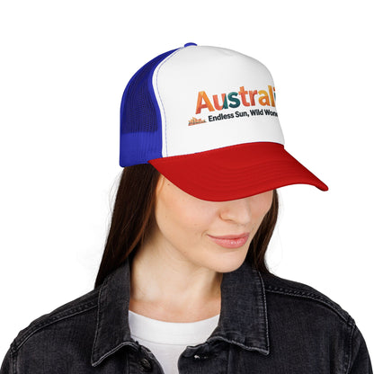Blue and white mesh trucker cap with red brim and embroidered “Australia” graphic.
