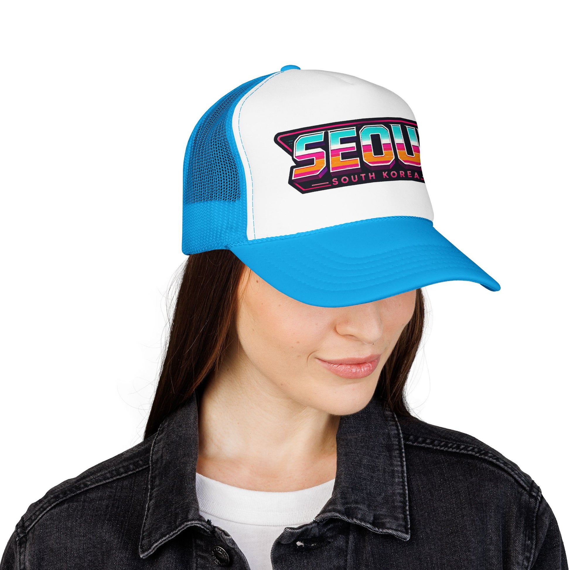 Blue and white trucker hat with “SEOUL South Korea” logo patch on front panel