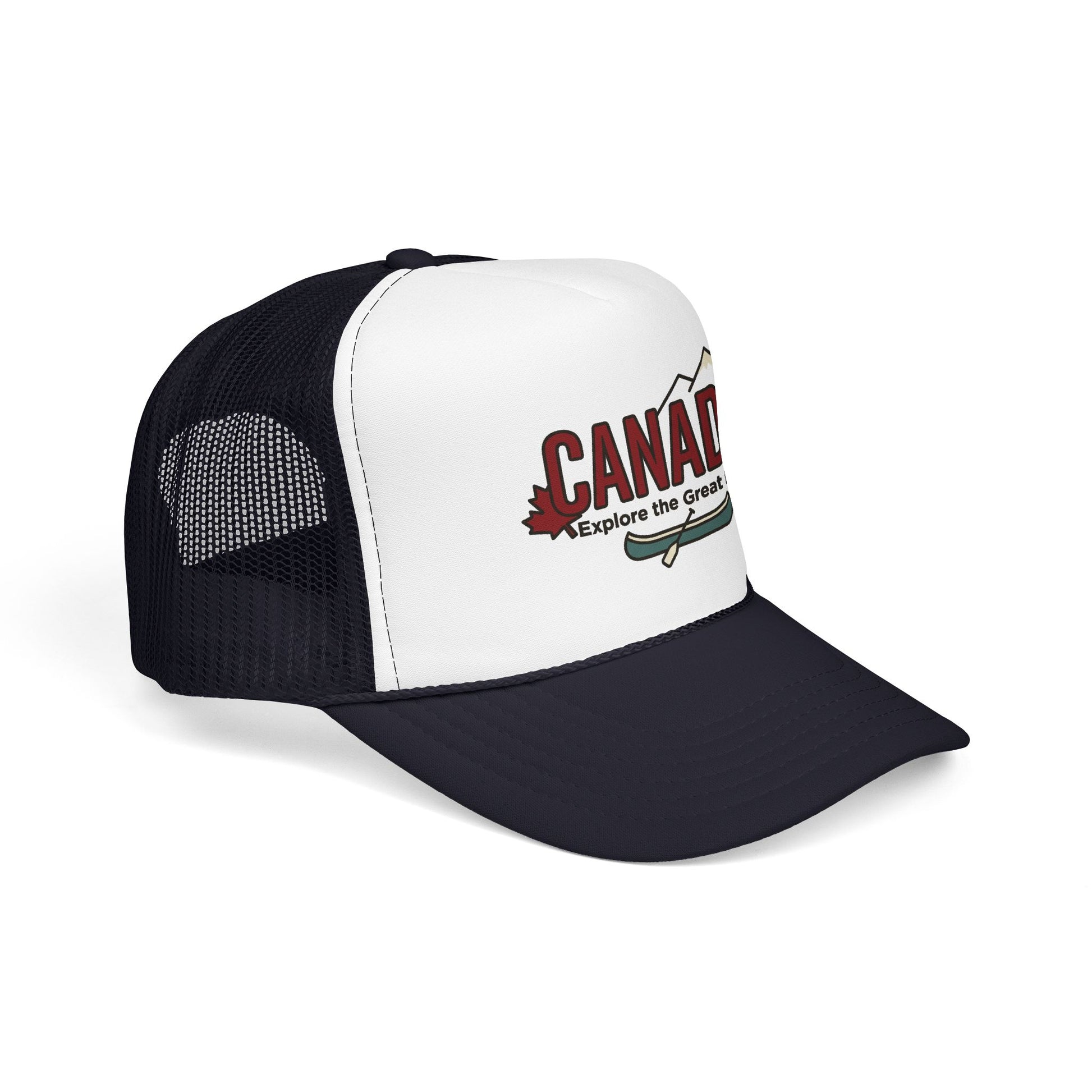 White and black foam trucker hat with mesh back and CANADA logo front