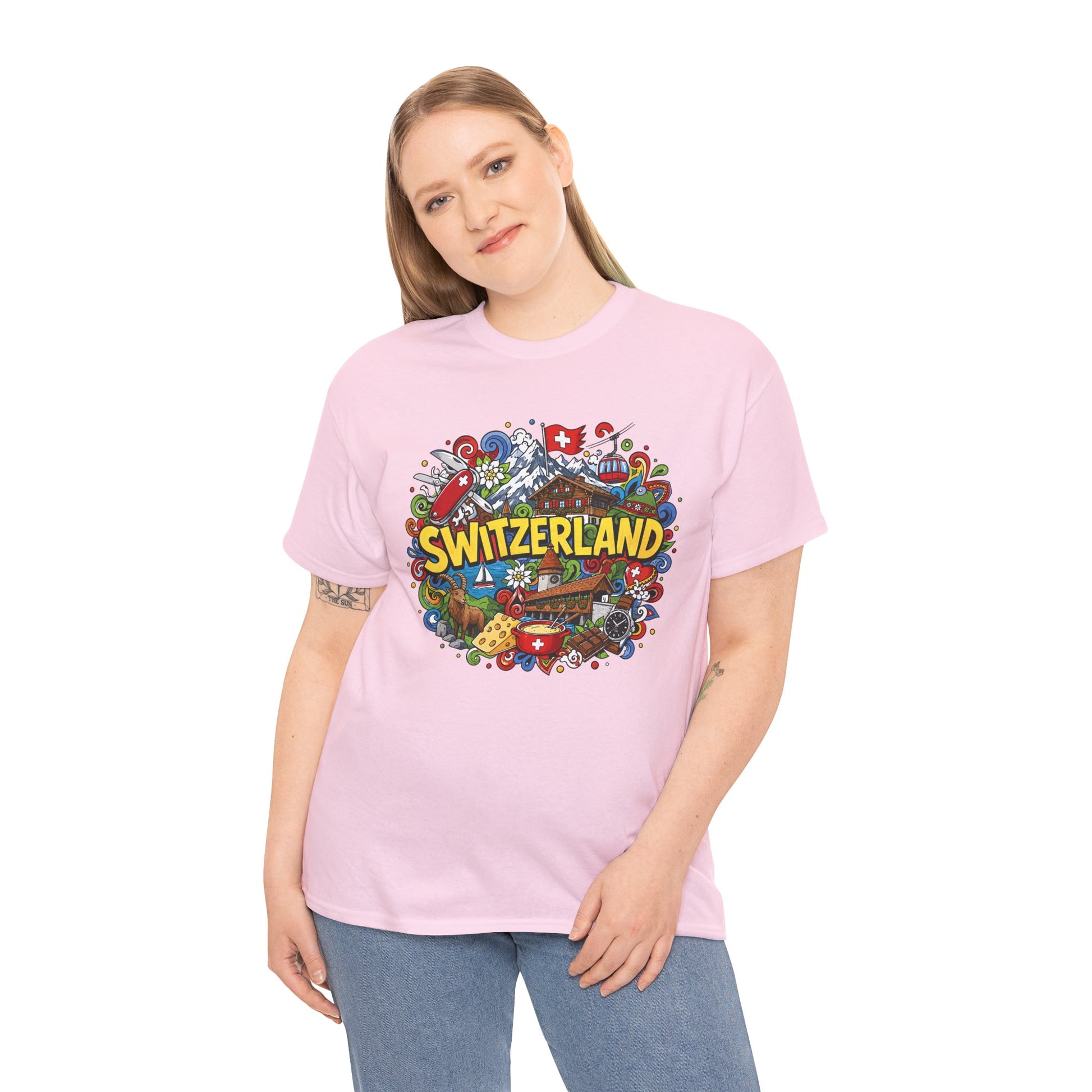 Light pink Switzerland travel T-shirt with colorful Switzerland badge graphic on chest