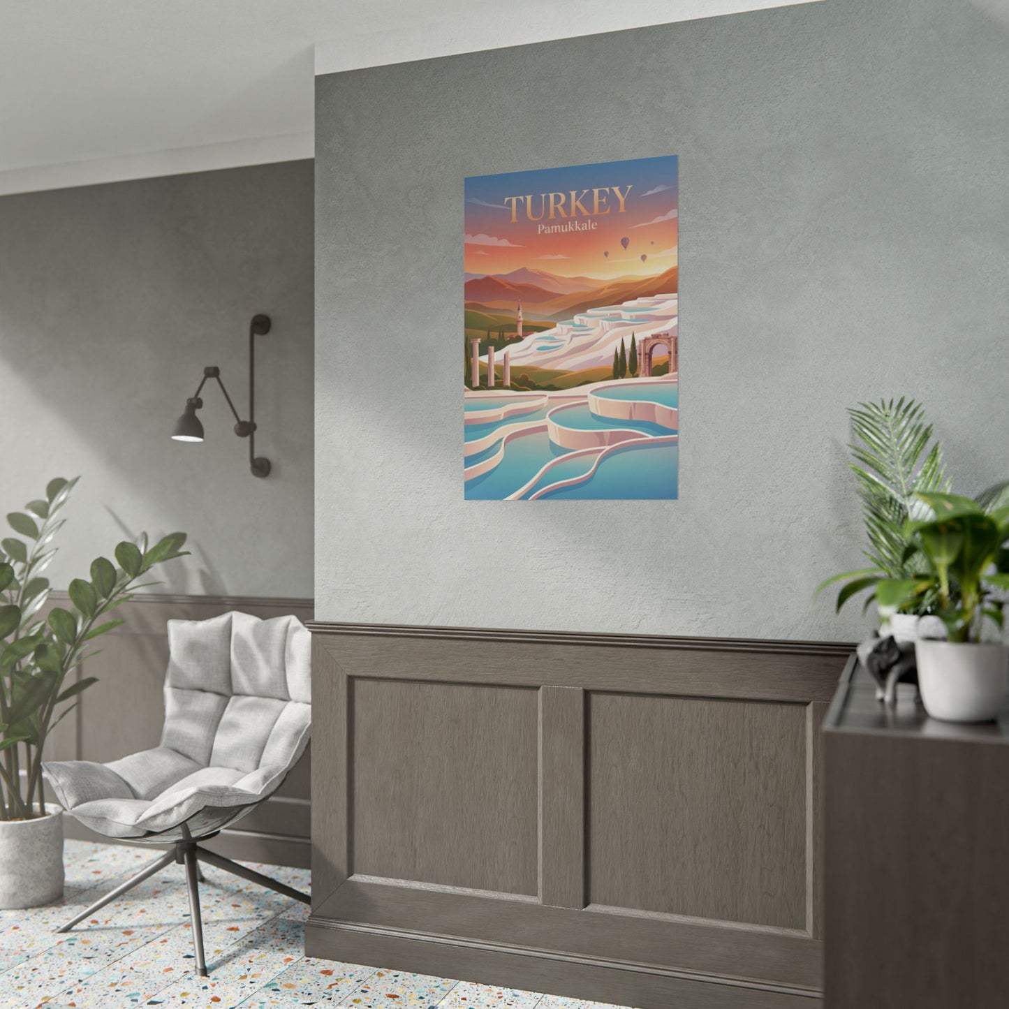 Turkey travel poster with Pamukkale title and pastel terraces, displayed on a wall