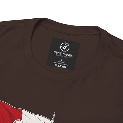 Dark brown T-shirt close-up of neck label and partial Canada graphic artwork