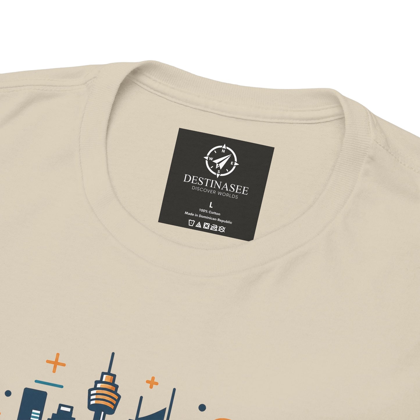 Natural T-shirt neckline close-up showing black label patch
