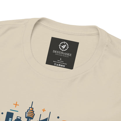 Natural T-shirt neckline close-up showing black label patch