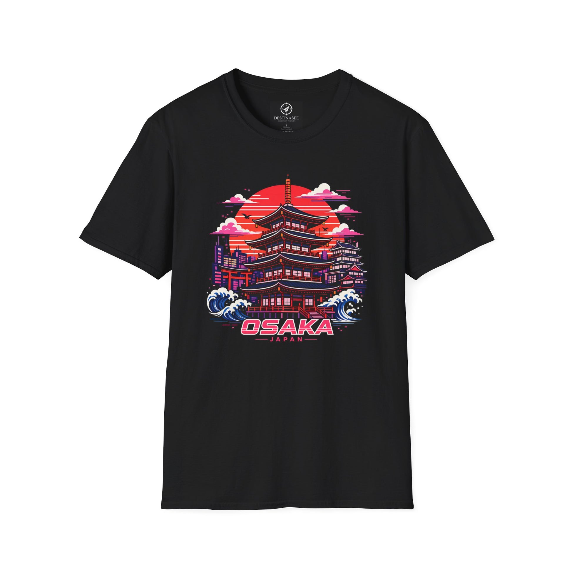 Black T-shirt with Osaka graphic print on the front.