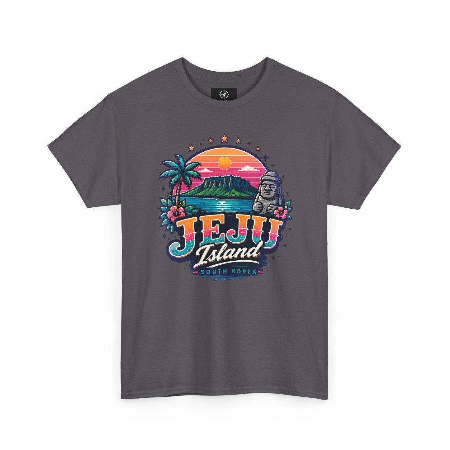 Charcoal T-shirt with colorful island sunset graphic print on the chest