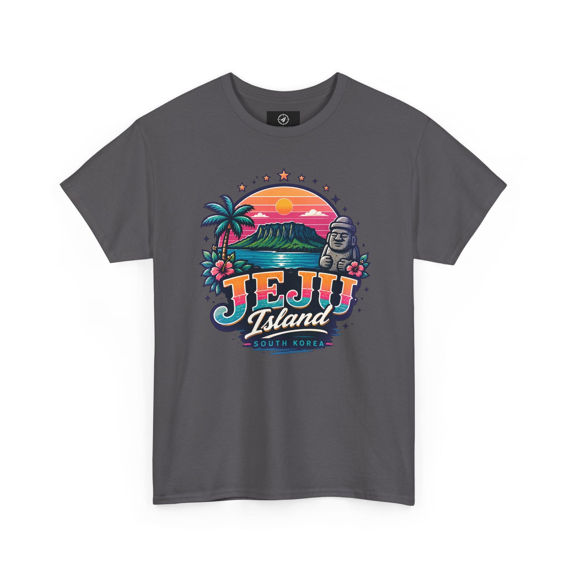 Charcoal T-shirt with colorful island sunset graphic print on the chest