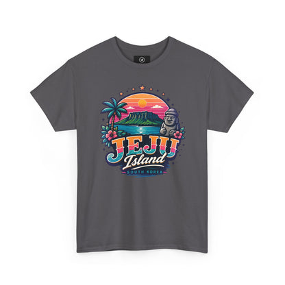 Charcoal T-shirt with colorful island sunset graphic print on the chest